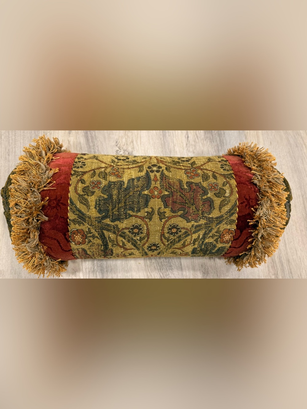 Traditional Floral Tapestry Bolster Pillow Fringe Drawstring Beige Red Green